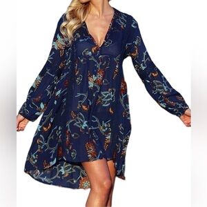 Anandas Collection Navy Blue Floral Tunic Dress Swim Cover-Up Size L